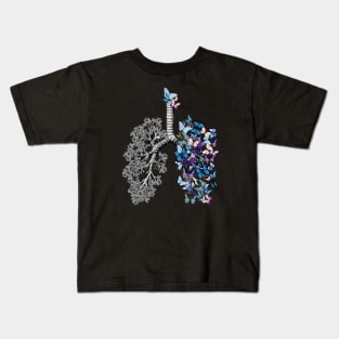Lungs Anatomy, cancer Awareness, blue butterflies and lung anatomy Kids T-Shirt
